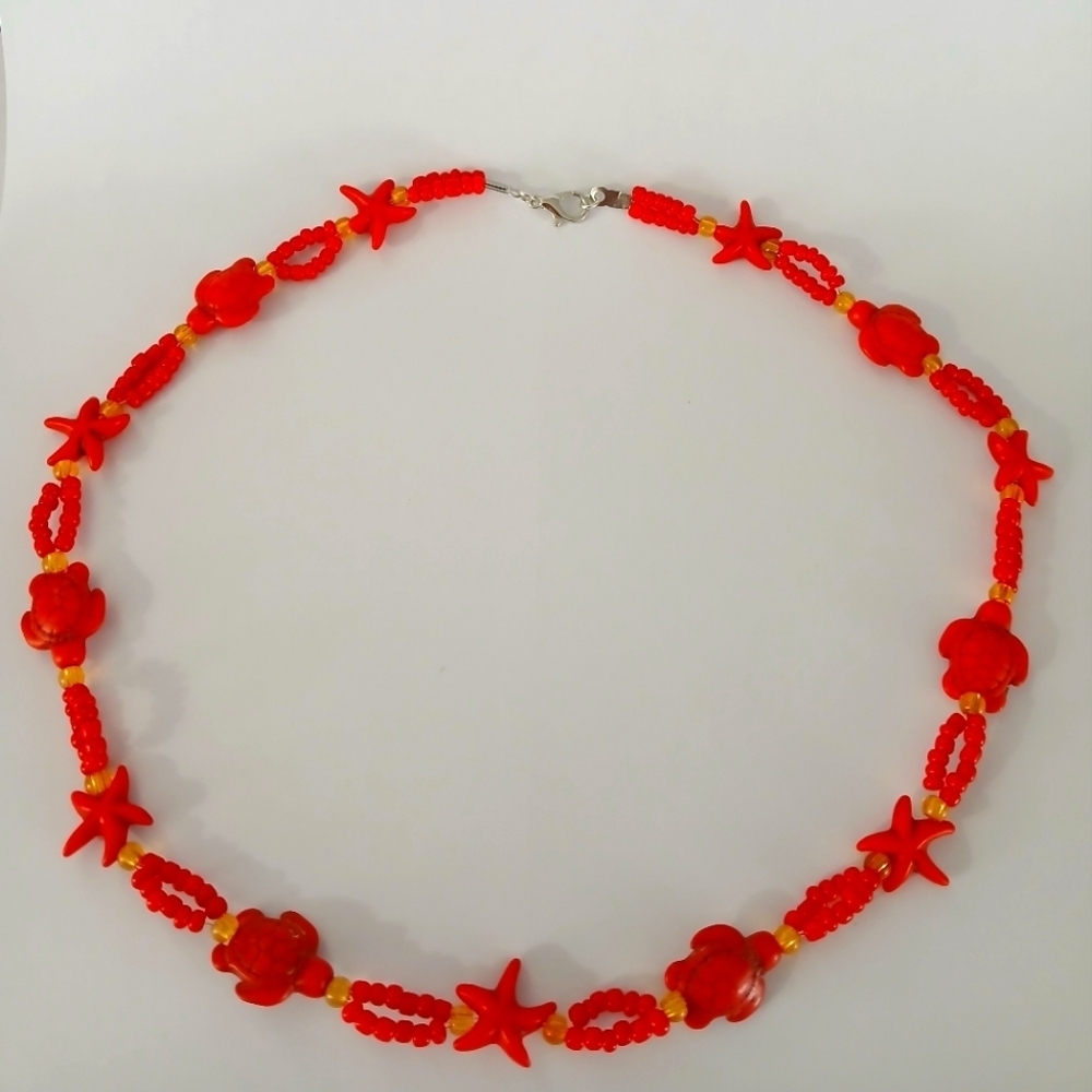 Red Howlite Turquoise Turtle & Starfish Necklace